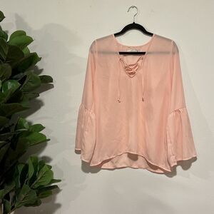Abercrombie‎ & Fitch Pink Lace Up Neck Long Bell Sleeve Top Womens Medium Sheer